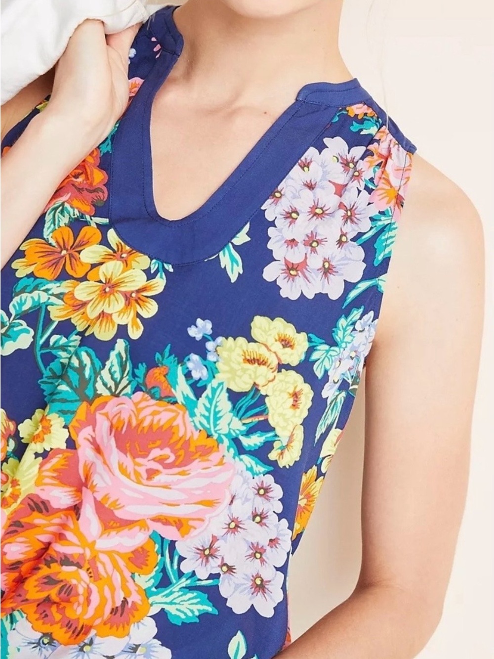 Anthropologie Navy Floral Sleeveless Tank with Orange Accents